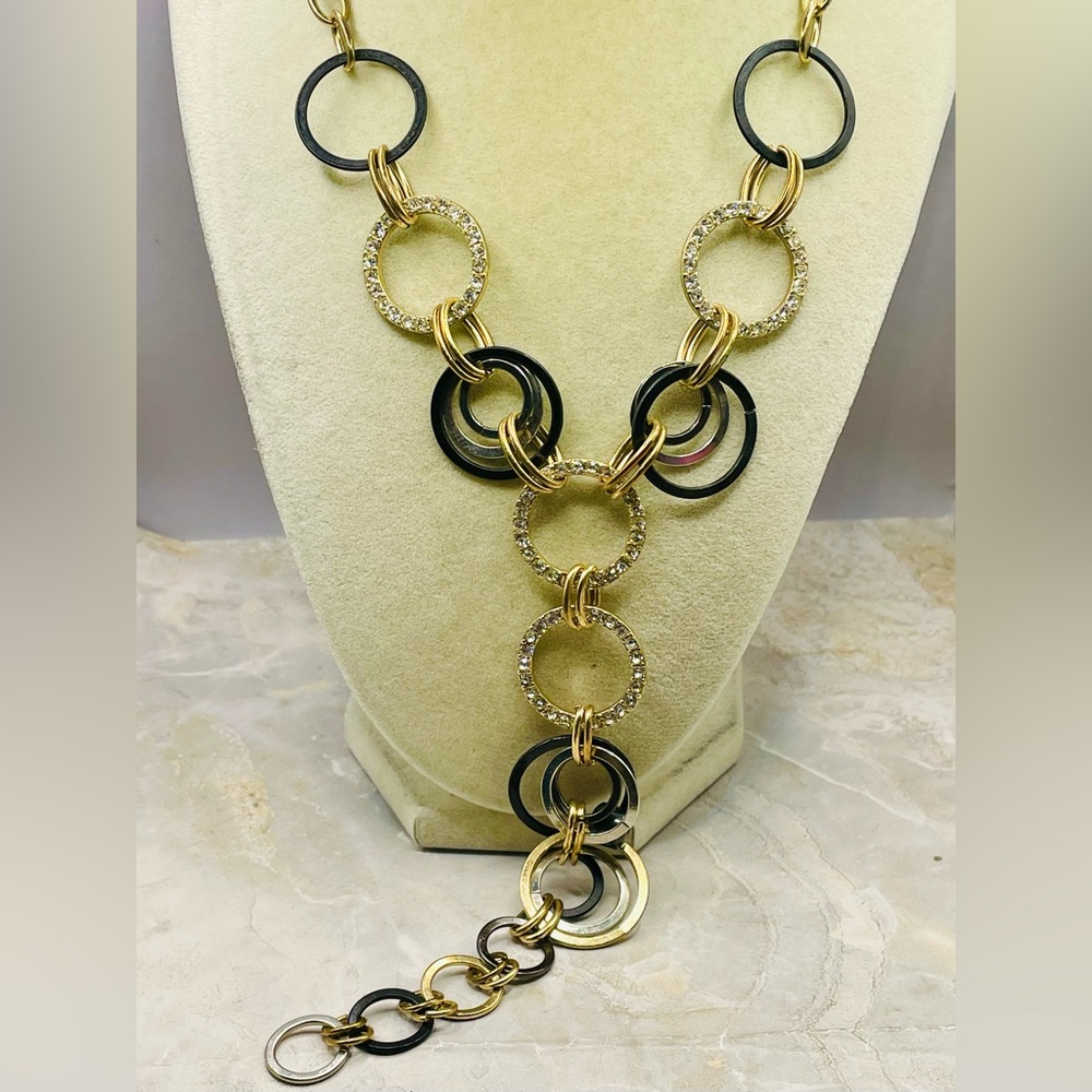 Gold Rhinestone, Silver, & Black Circle Y neck Necklace. 18 inch w/3 inch ext